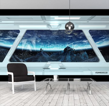 Bild på Spaceship corridor with view on the planet Earth 3D rendering elements of this image furnished by NASA